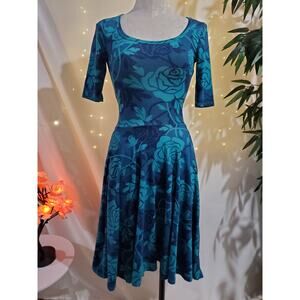 LuLaRoe Nicole Rose Fit & Flare A-Line Dress Women's XXS Blue Midi 1/2 Sleeve
